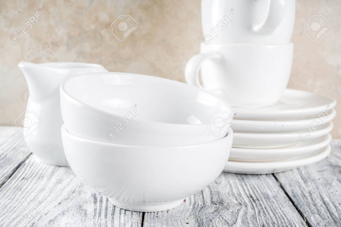 Assortment Stack Clean Empty New White Kitchen Utensils Plates