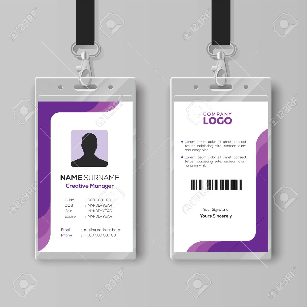 Simple ID Card Template With Purple Details Royalty Free Cliparts Throughout Work Id Card Template