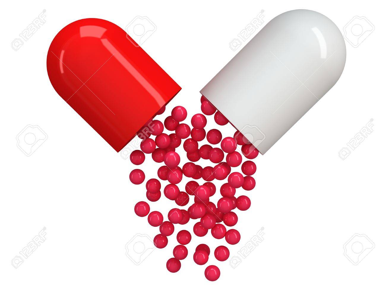 opened red white pill capsule with crimson granules 3d render