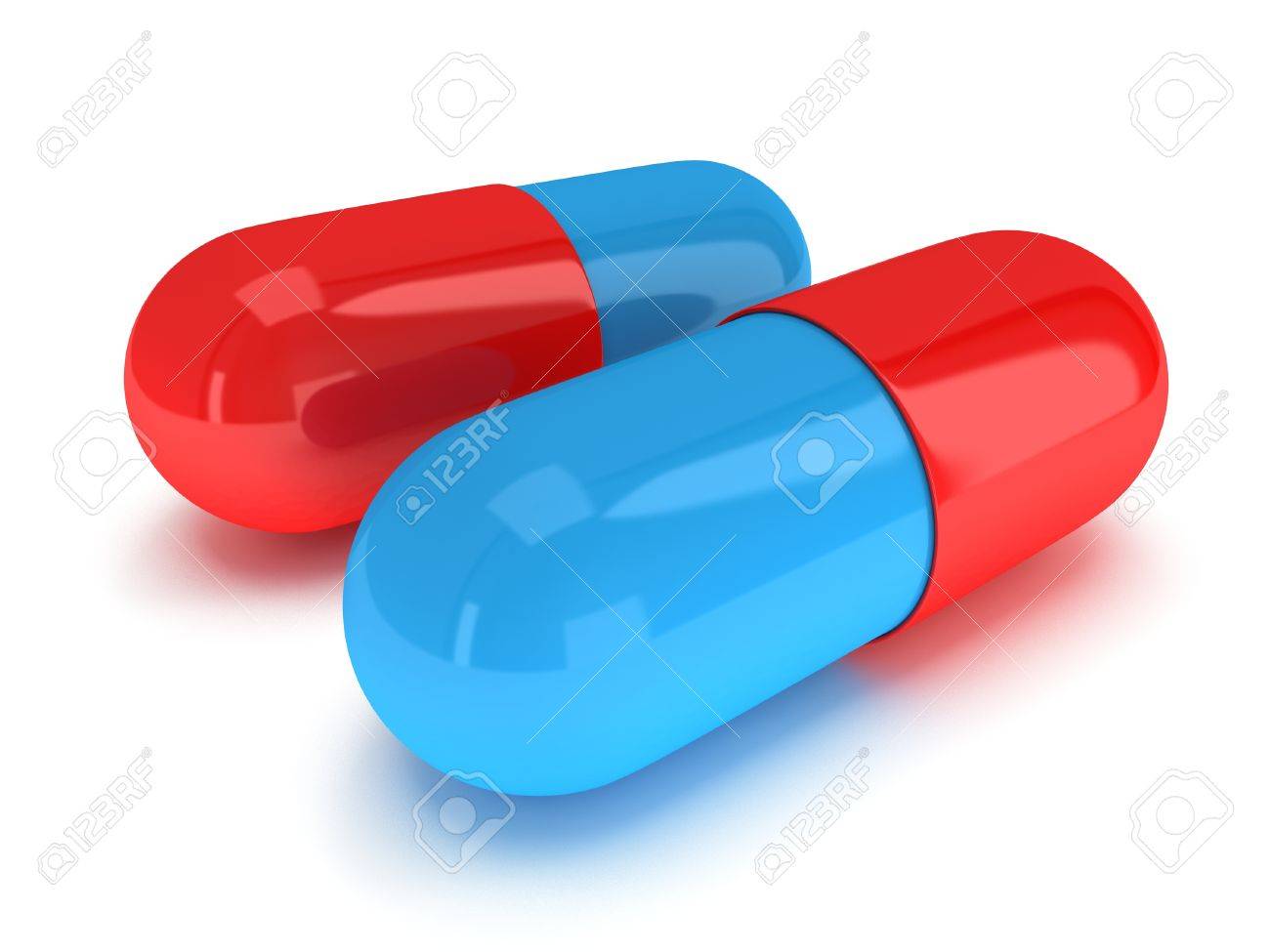 two half red half blue pill capsules isolated on white 3d render