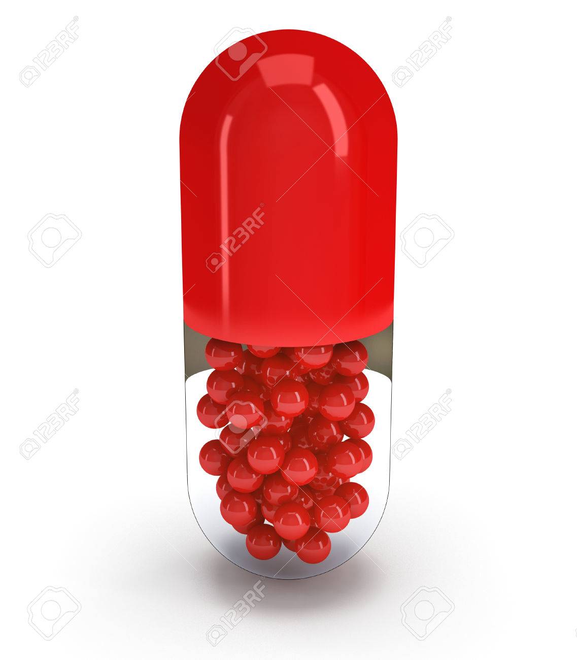 half red pill capsule with red granules 3d render pills drugs