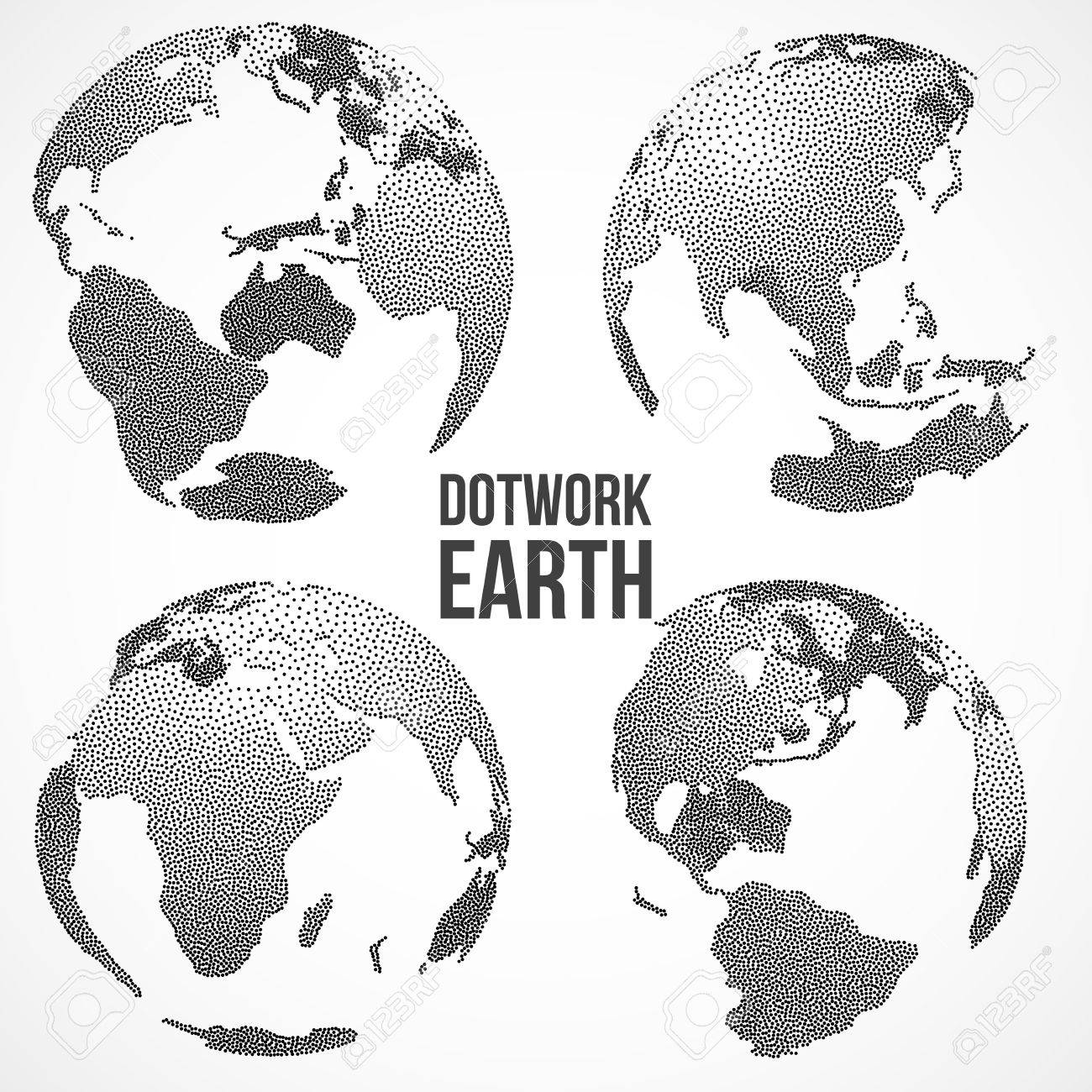 3 D 地球地球地球のセットです Dotwork ハーフトーン ベクトル イラスト のイラスト素材 ベクタ Image