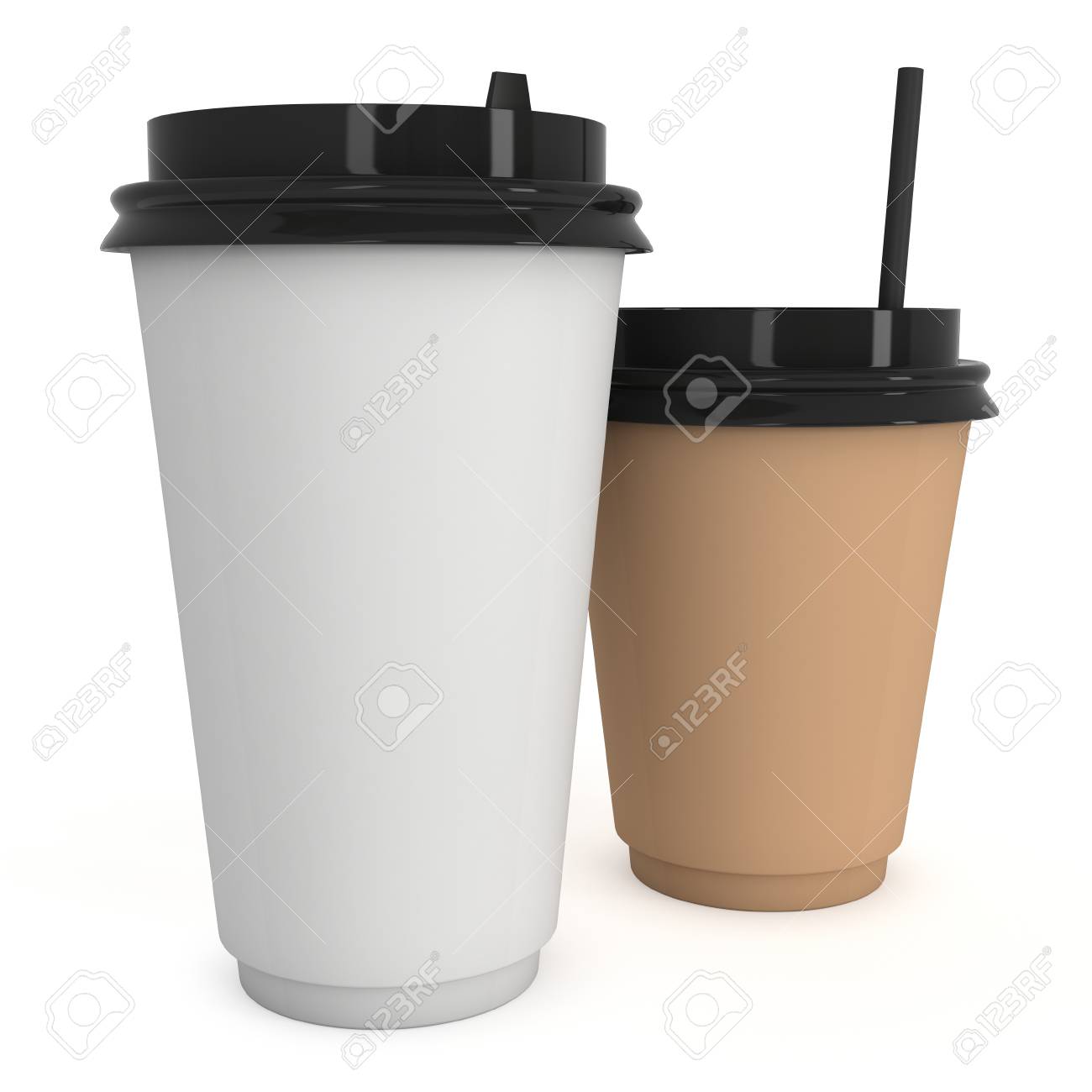 紙のストローで使い捨てのコーヒー カップ プラスチック製のキャップと白紙のマグカップ 白い背景に分離された 3 D のレンダリング の写真素材 画像素材 Image