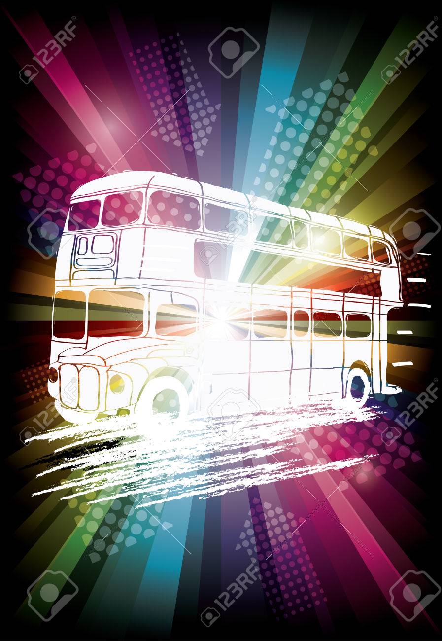 London Bus On Rainbow Background Illustration For Party Flyer Stock Photo Picture And Royalty Free Image Image