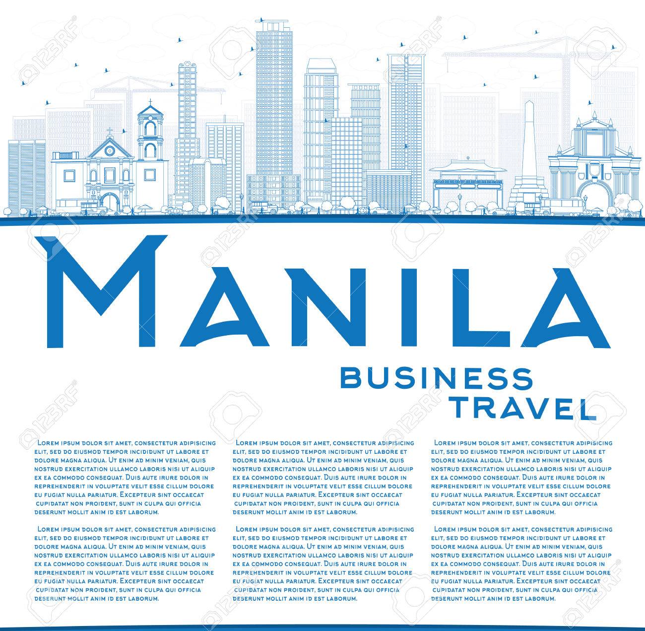 Outline Manila Skyline With Blue Buildings Vector Illustration - 