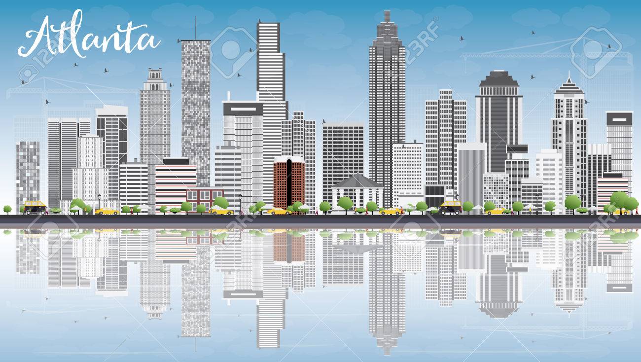 atlanta skyline with gray buildings blue sky and reflections