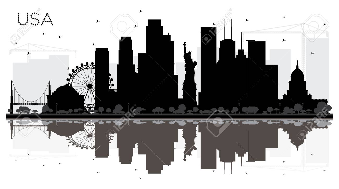 Usa City Skyline Black And White Silhouette With Reflections Royalty Free Cliparts Vectors And Stock Illustration Image