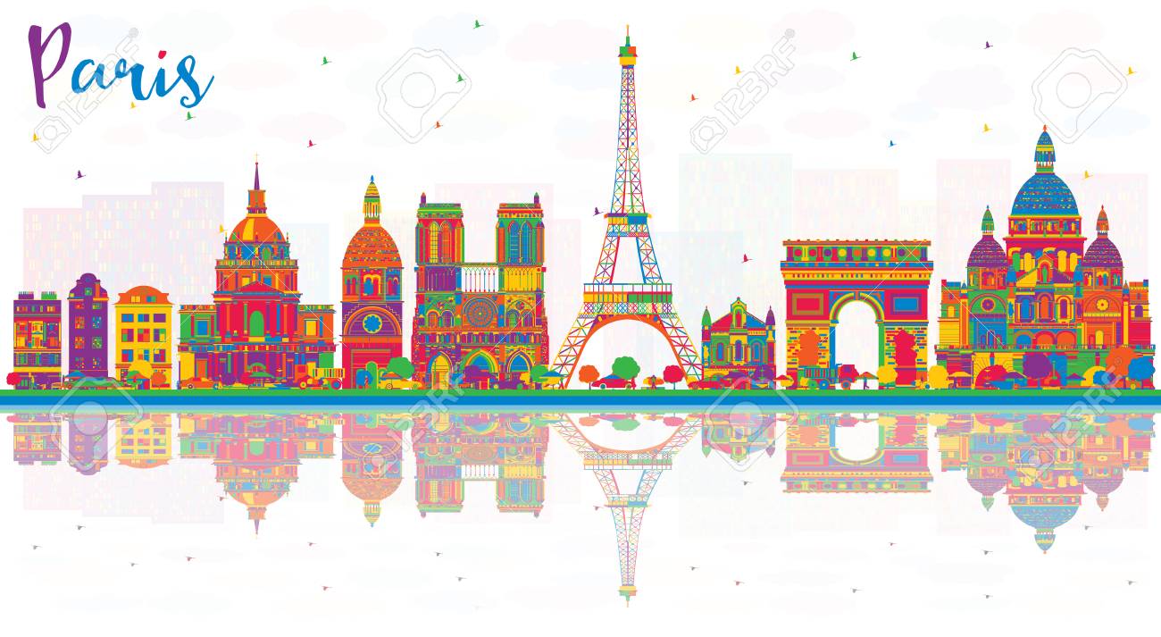 色の建物と反射とパリフランスシティスカイライン ベクトルイラストレーション 歴史的建築を用いたビジネストラベルと観光のコンセプト ランドマークのあるパリ の街並み のイラスト素材 ベクタ Image
