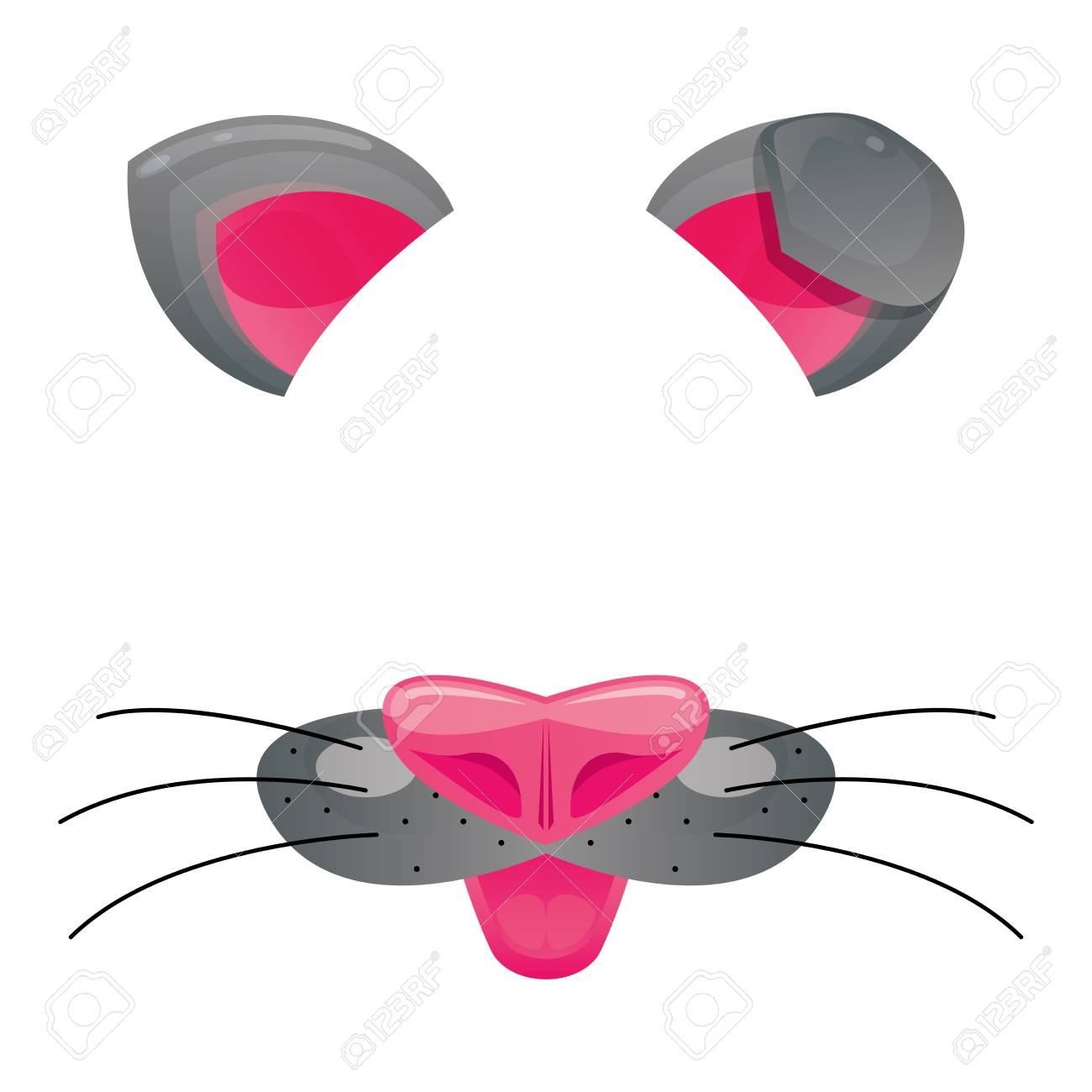 ビデオチャットのための猫の顔テンプレート ベクトルイラストレーション 白い背景に隔離されたアプリのための漫画の動物の顔 猫の耳と鼻 のイラスト素材 ベクタ Image