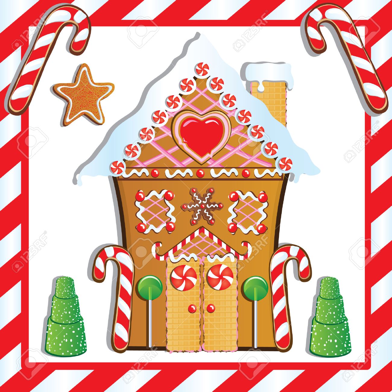 かわいいジンジャーブレッド家ガムドロップ木々 やキャンディー杖のフレーム のイラスト素材 ベクタ Image