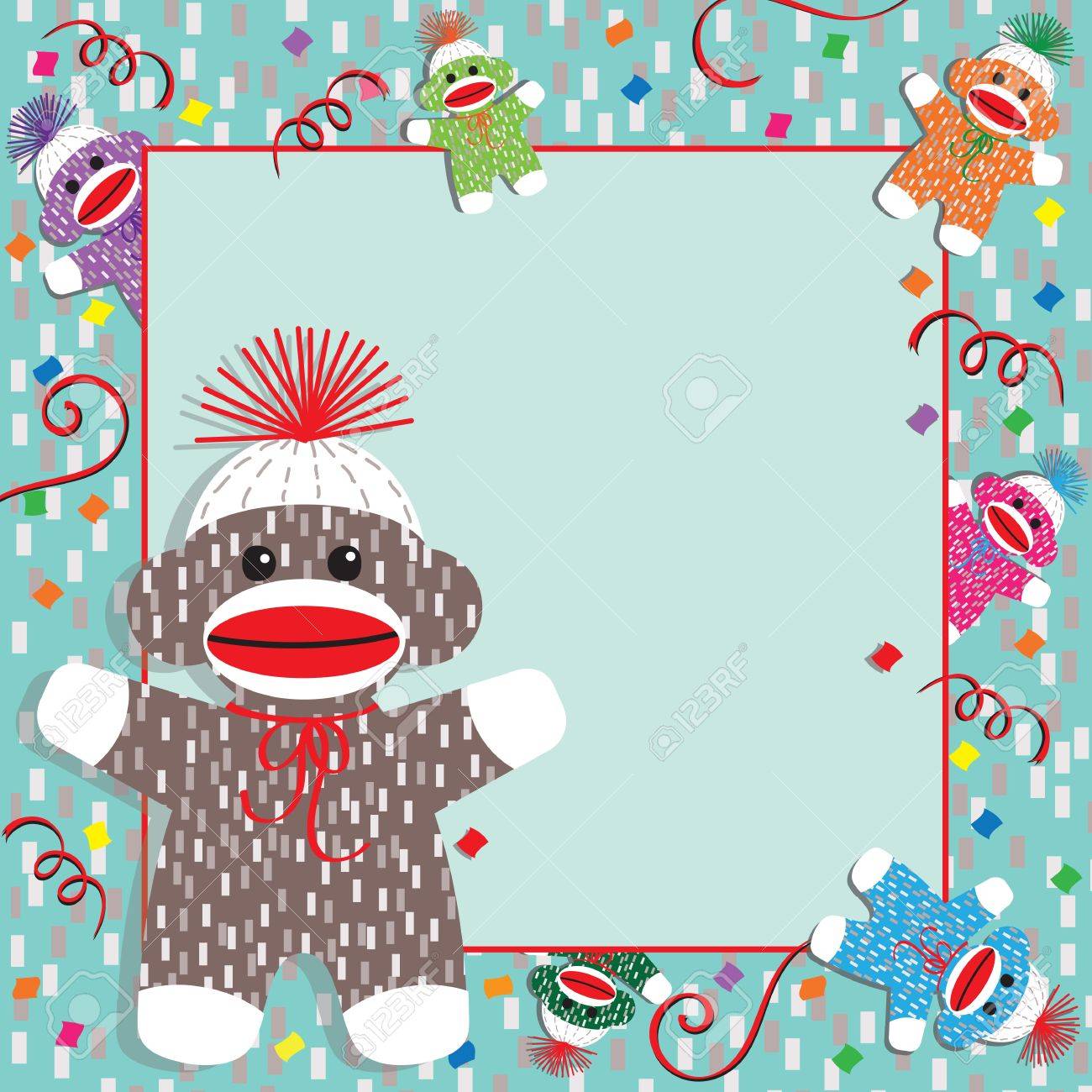 かわいい赤ちゃんの靴下猿このお祭りのベビー シャワーや誕生日パーティの招待状の周りに集まります お客様の情報のための部屋をたっぷり のイラスト素材 ベクタ Image