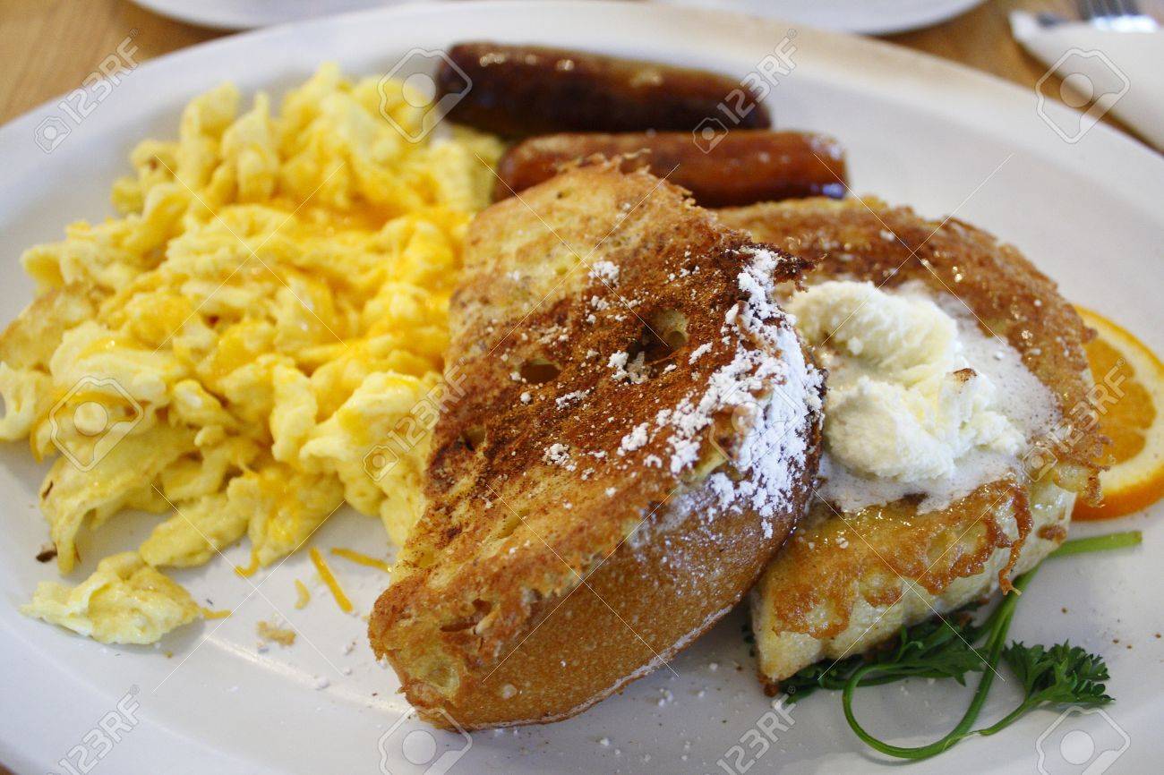 French Toast With Scramble Eggs And Sausages Stock Photo Picture And Royalty Free Image Image
