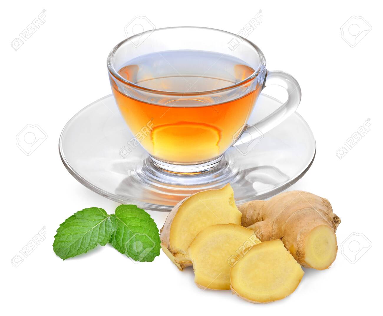 Hot Ginger Tea With Ginger Root And Mint Leaf Isolated On White ...