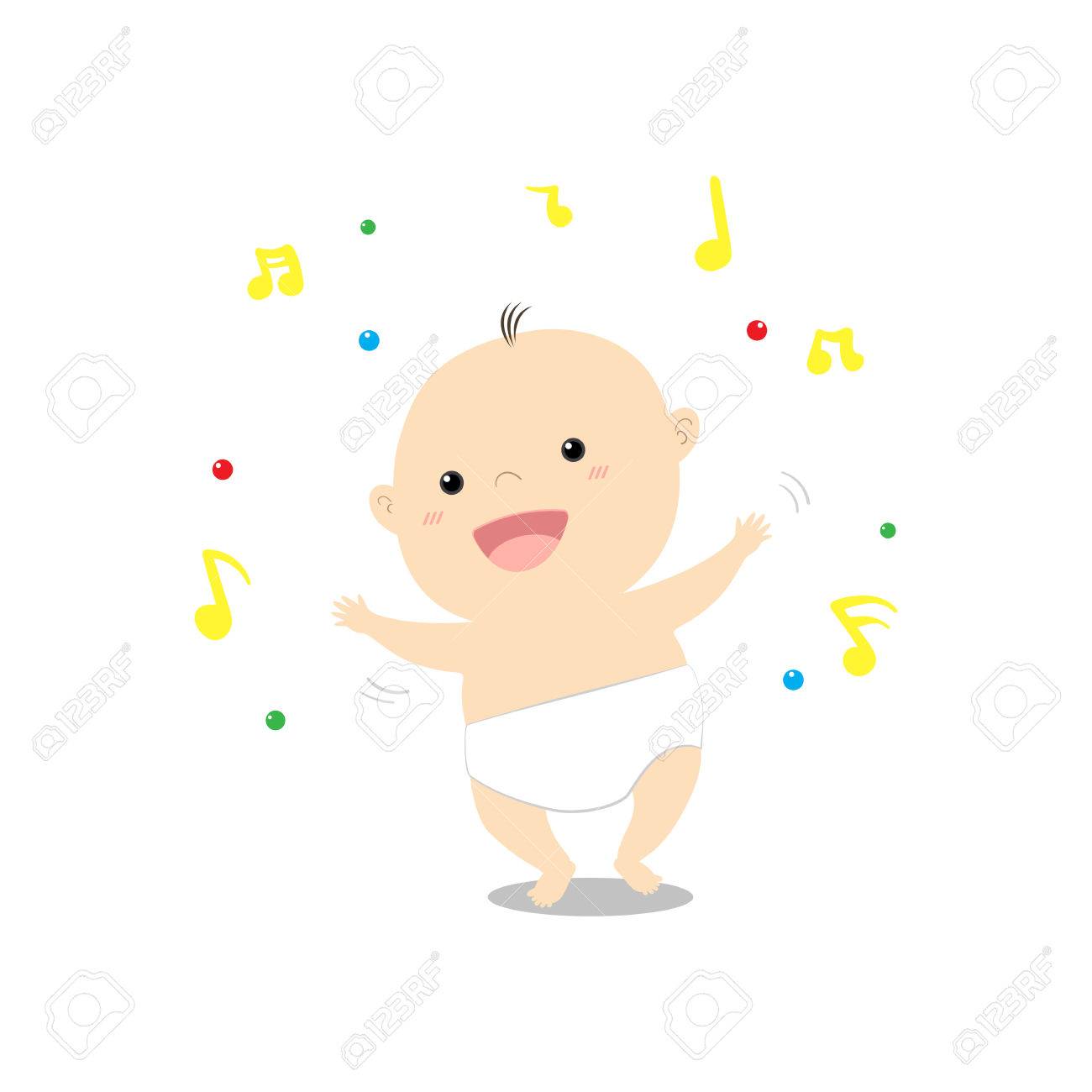 音楽のベクトル図を楽しく踊ってかわいい漫画赤ちゃんのイラスト素材 ベクタ Image