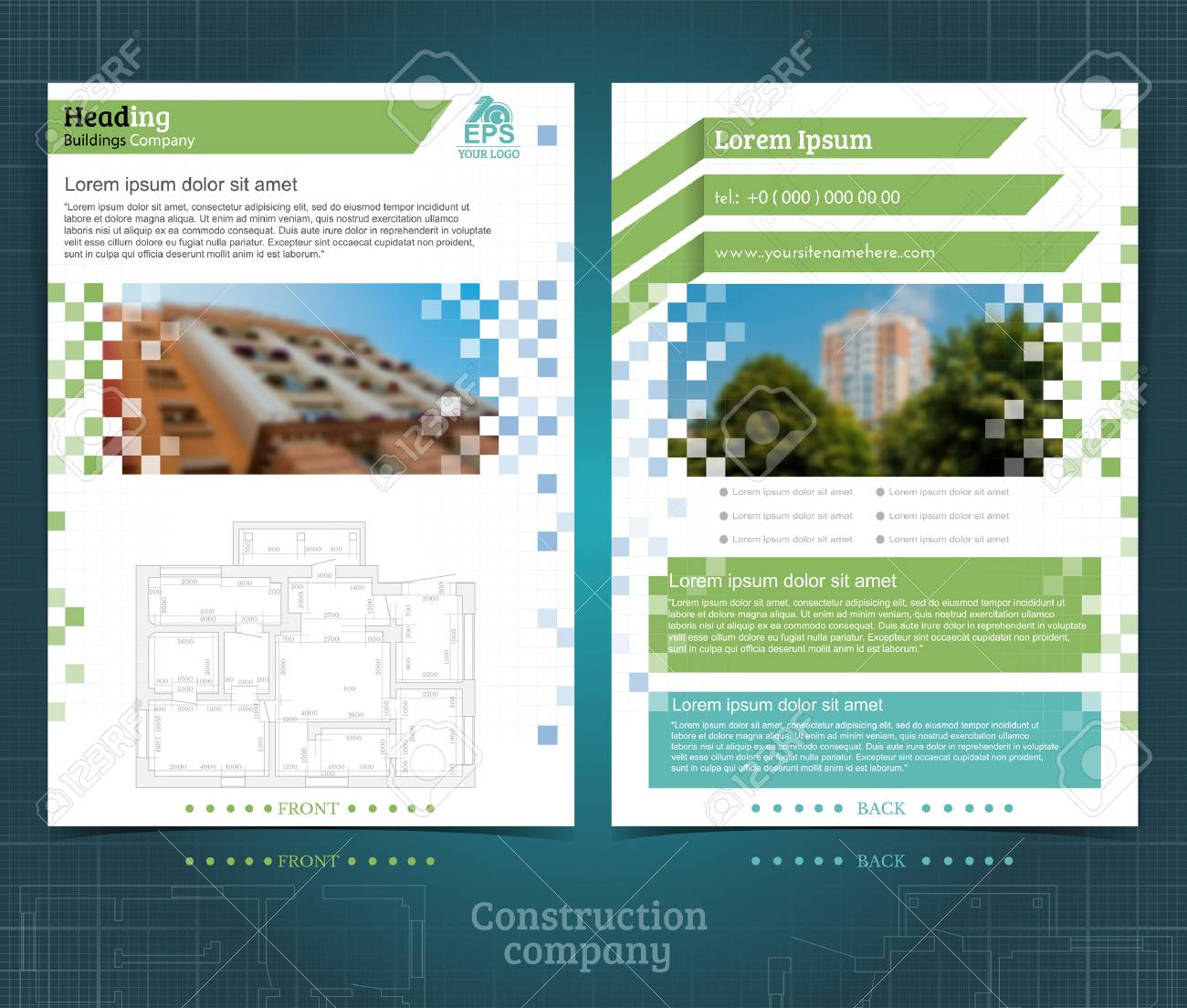 two sided brochure or flyer template design with exterior blurred
