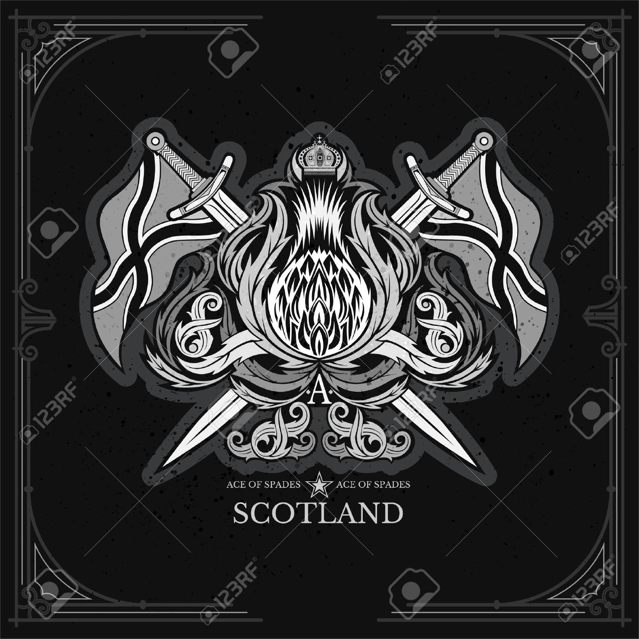 ace of spades from thistle floral pattern and cross sword and