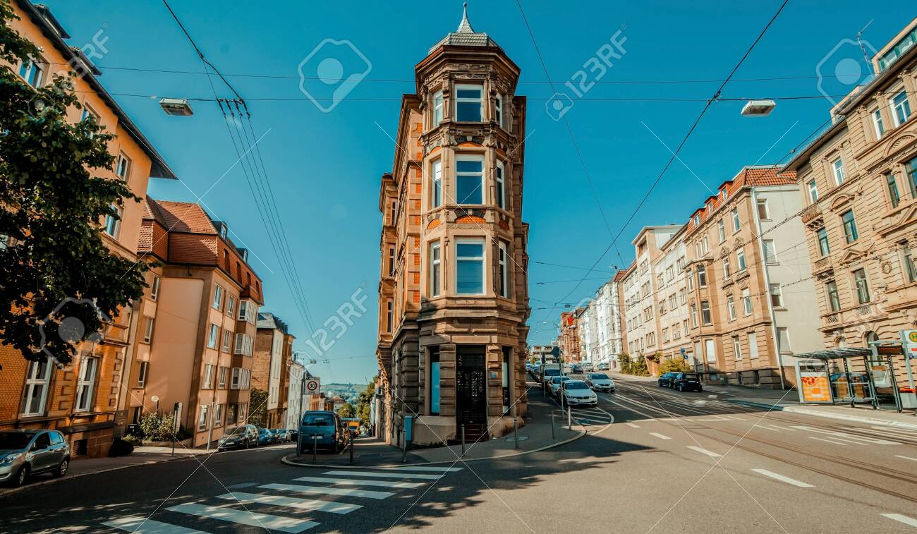 Flat Building In Center Of Street Inside Stuttgart City At Eugensplatz Stock Photo Picture And Royalty Free Image Image