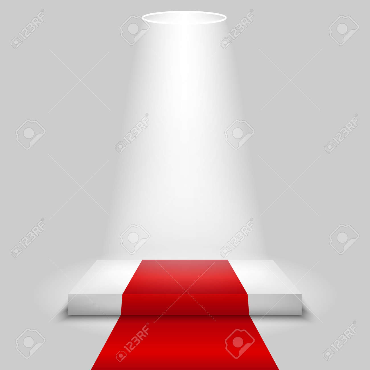 Realistic contest scene with the Red carpet and the spotlight, the Red carpet on empty white podium, place for product placement for presentation, winners podium or stage with the Red carpet, vector - 154820115 Realistic contest scene with the Red carpet and the spotlight, the Red carpet on empty white podium, place for product placement for presentation, winners podium or stage with the Red carpet, vector - 154820115