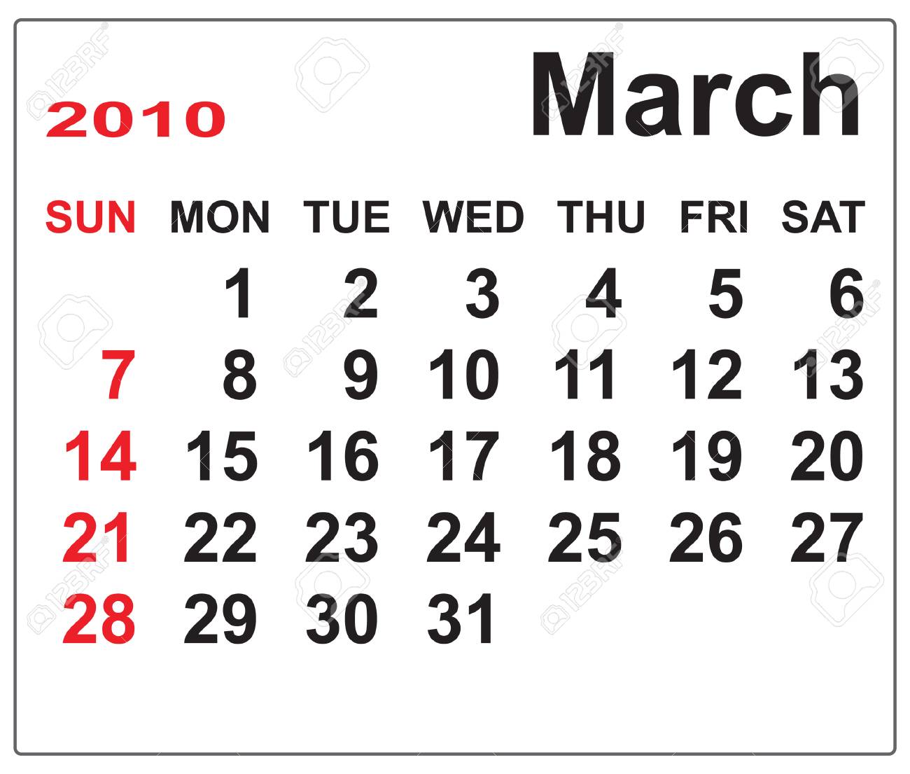 Template For Calendar Of March 2010. Week Begins With Sunday. Vector  Illustration. Royalty Free SVG, Cliparts, Vectors, and Stock Illustration.  Image 5615150.