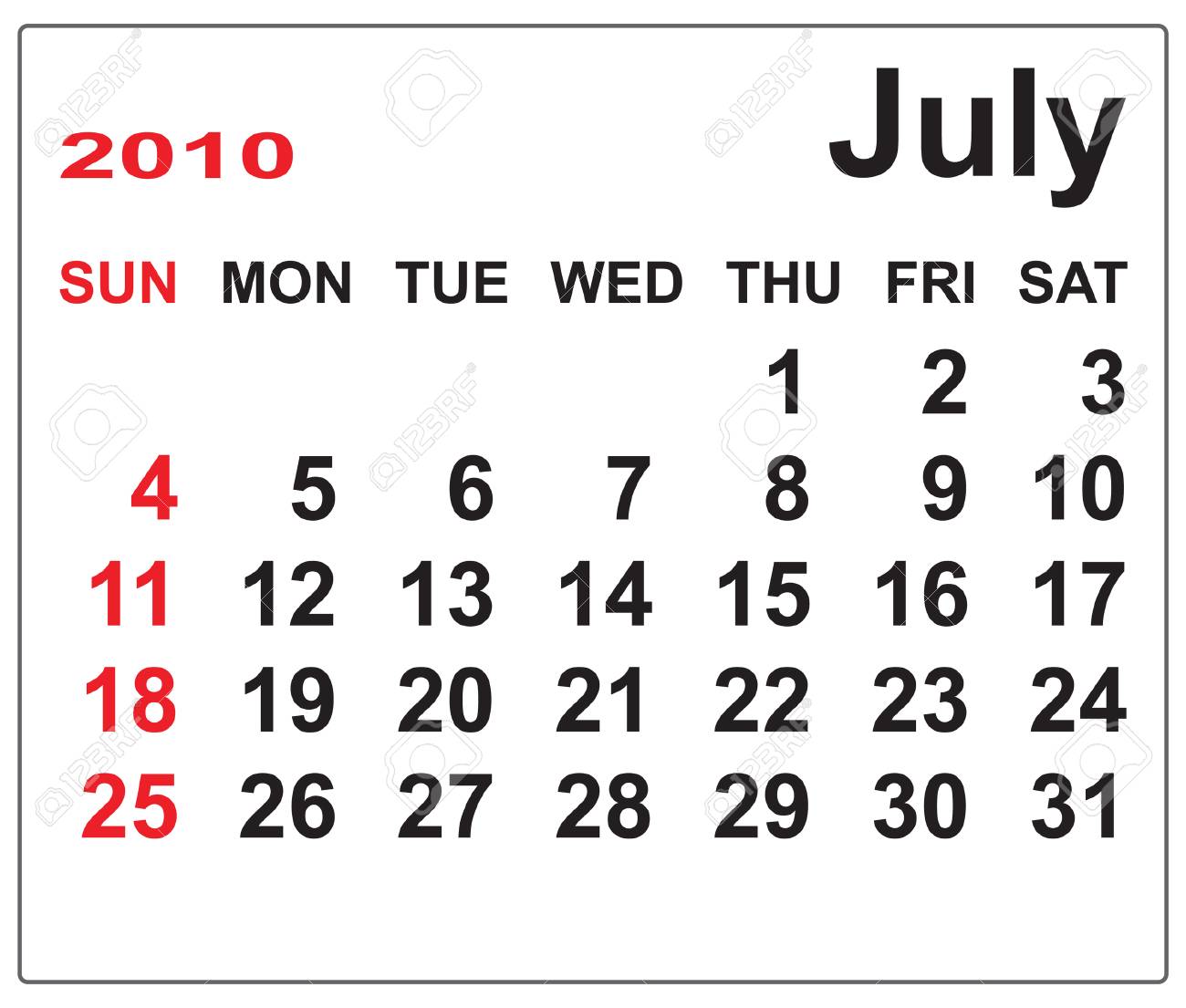 Template For Calendar Of July 10 Week Begins With Sunday Vector Illustration Royalty Free Cliparts Vectors And Stock Illustration Image