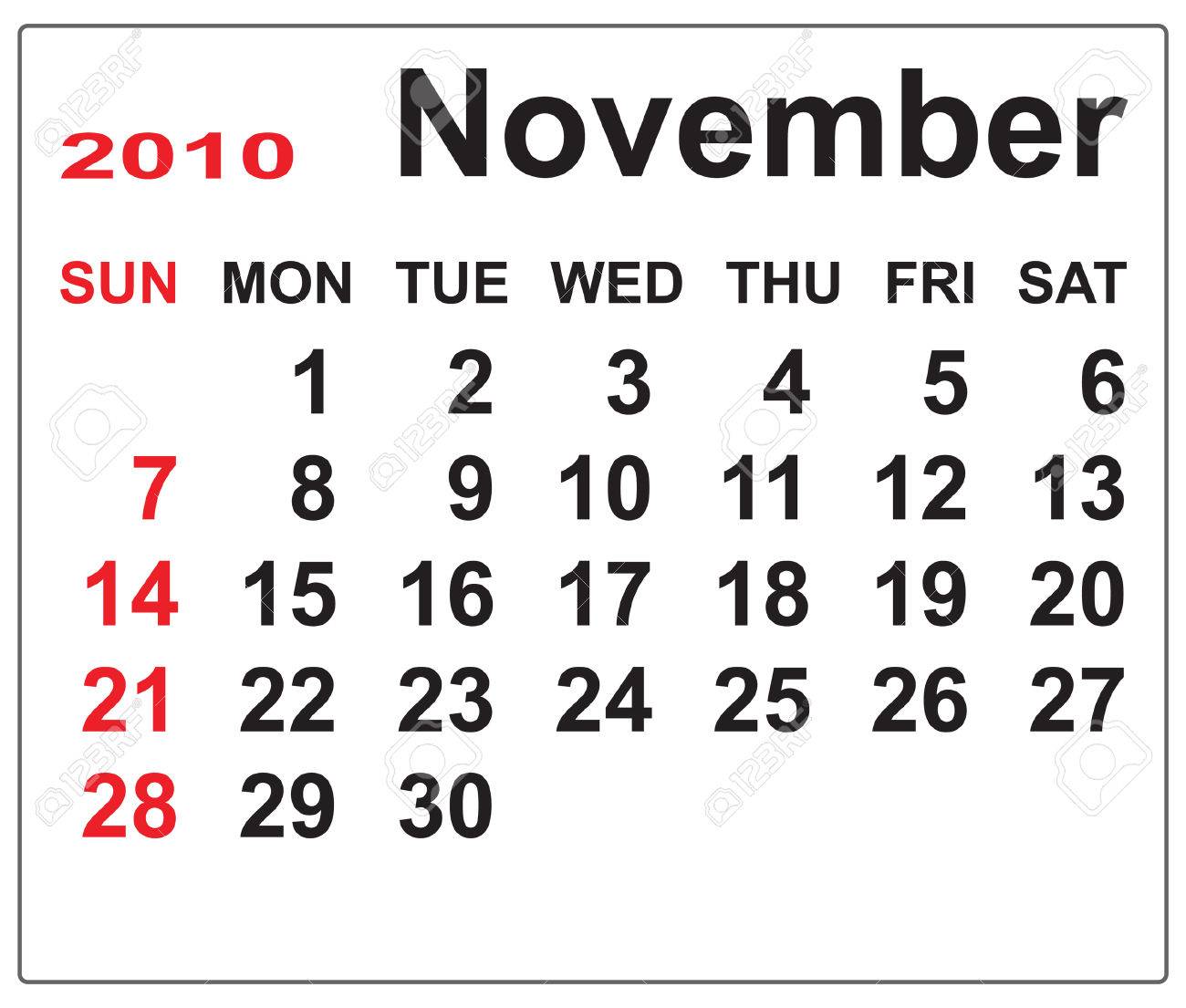 Template For Calendar Of November 2010. Week Begins With Sunday. Vector  Illustration. Royalty Free SVG, Cliparts, Vectors, and Stock Illustration.  Image 5615151.