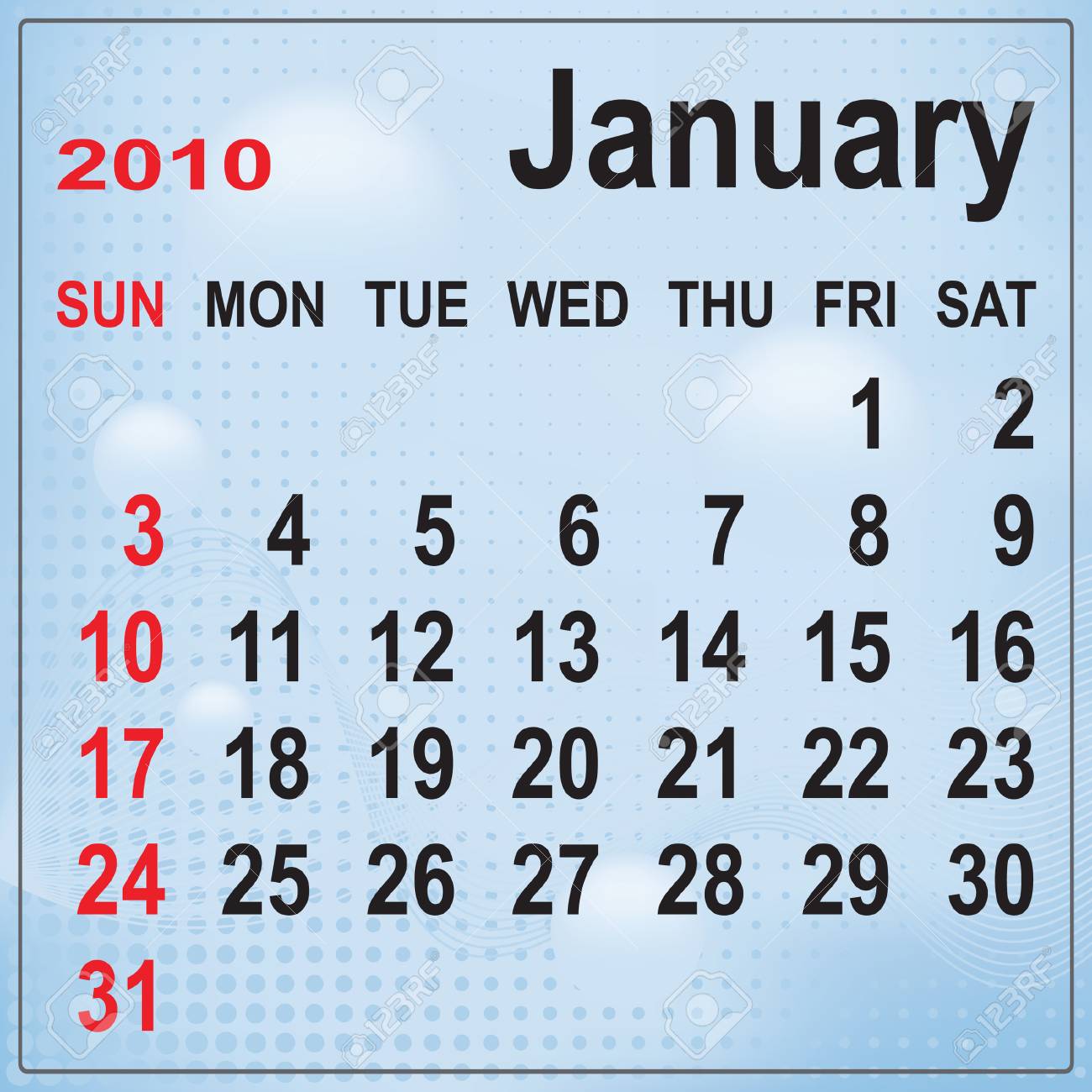 calendar of january 2010 on abstract background week begins 2010 calendar january