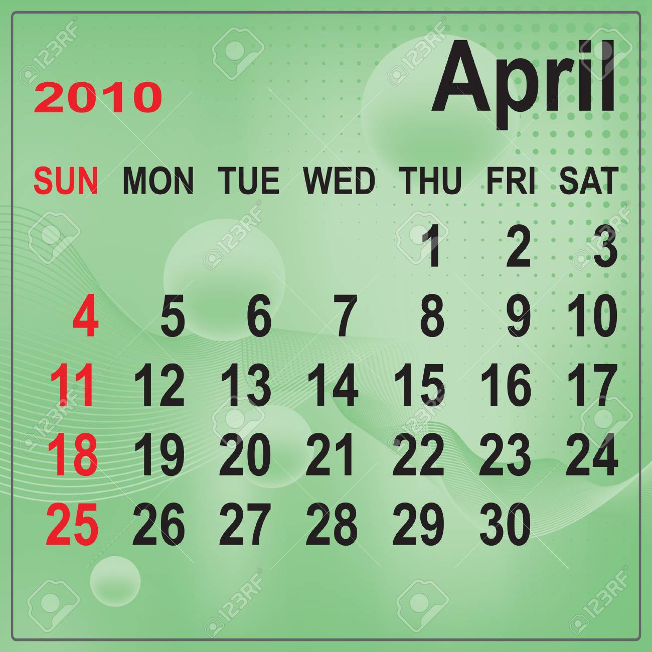 Calendar Of April 2010 On Abstract Background. Week Begins With Sunday.  Vector Illustration. Gradient Mesh Include. Royalty Free SVG, Cliparts,  Vectors, and Stock Illustration. Image 5803813.