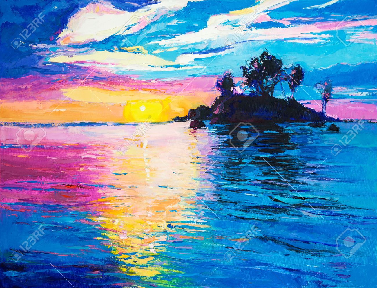 Original oil painting of lonely island and sea on canvas.Rich colorful Sunset over ocean.Modern Impressionism - 37791092 Original oil painting of lonely island and sea on canvas.Rich colorful Sunset over ocean.Modern Impressionism - 37791092