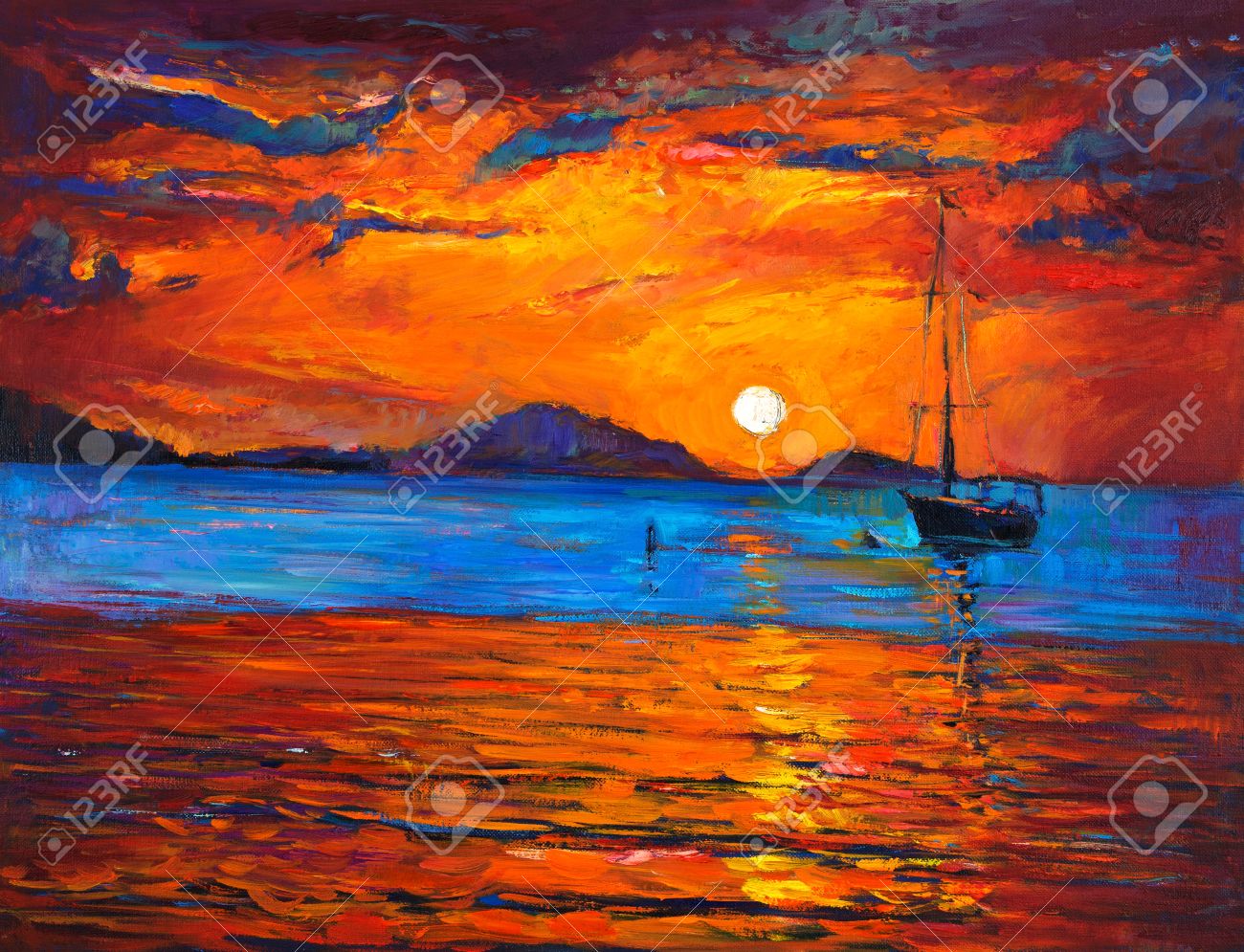 元ボートとキャンバス上の海の油絵。海の上の豊かな黄金の夕日。現代