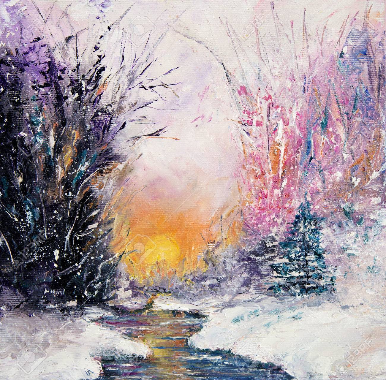 元抽象画油絵のキャンバスに美しい冬の風景。冬のシーン。現代の印象派