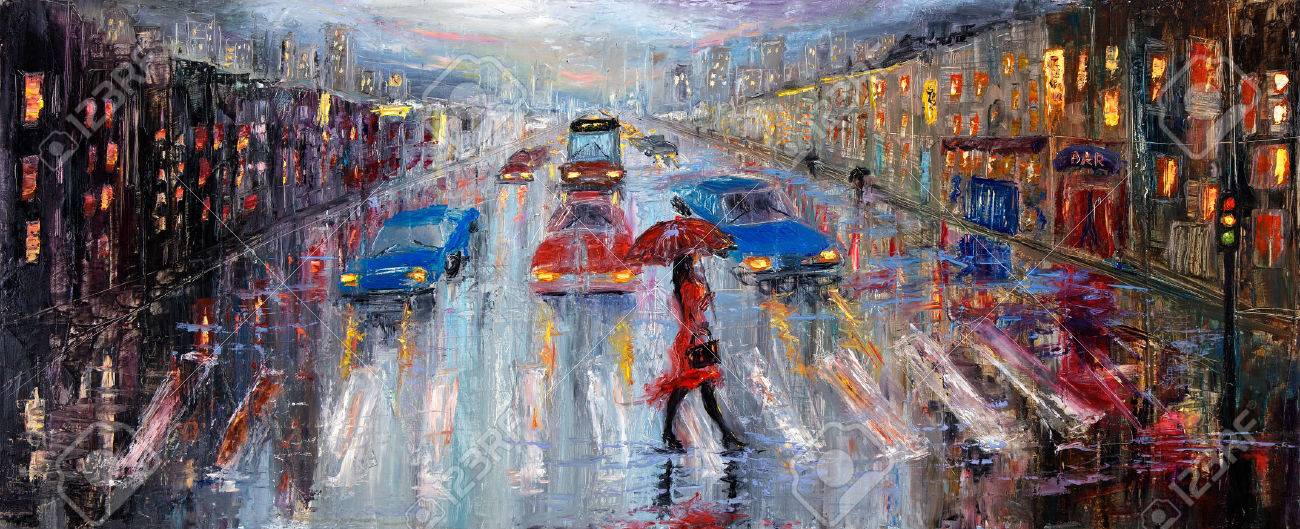 Original oil painting showing beautiful young woman in red,holding red umbrella crossing the city street on canvas. Modern Impressionism, modernism,marinism - 51796515 Original oil painting showing beautiful young woman in red,holding red umbrella crossing the city street on canvas. Modern Impressionism, modernism,marinism - 51796515