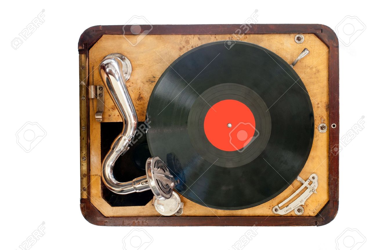 Old gramophone with black vinyl record view from the top Isolated object - 14110613 Old gramophone with black vinyl record view from the top Isolated object - 14110613