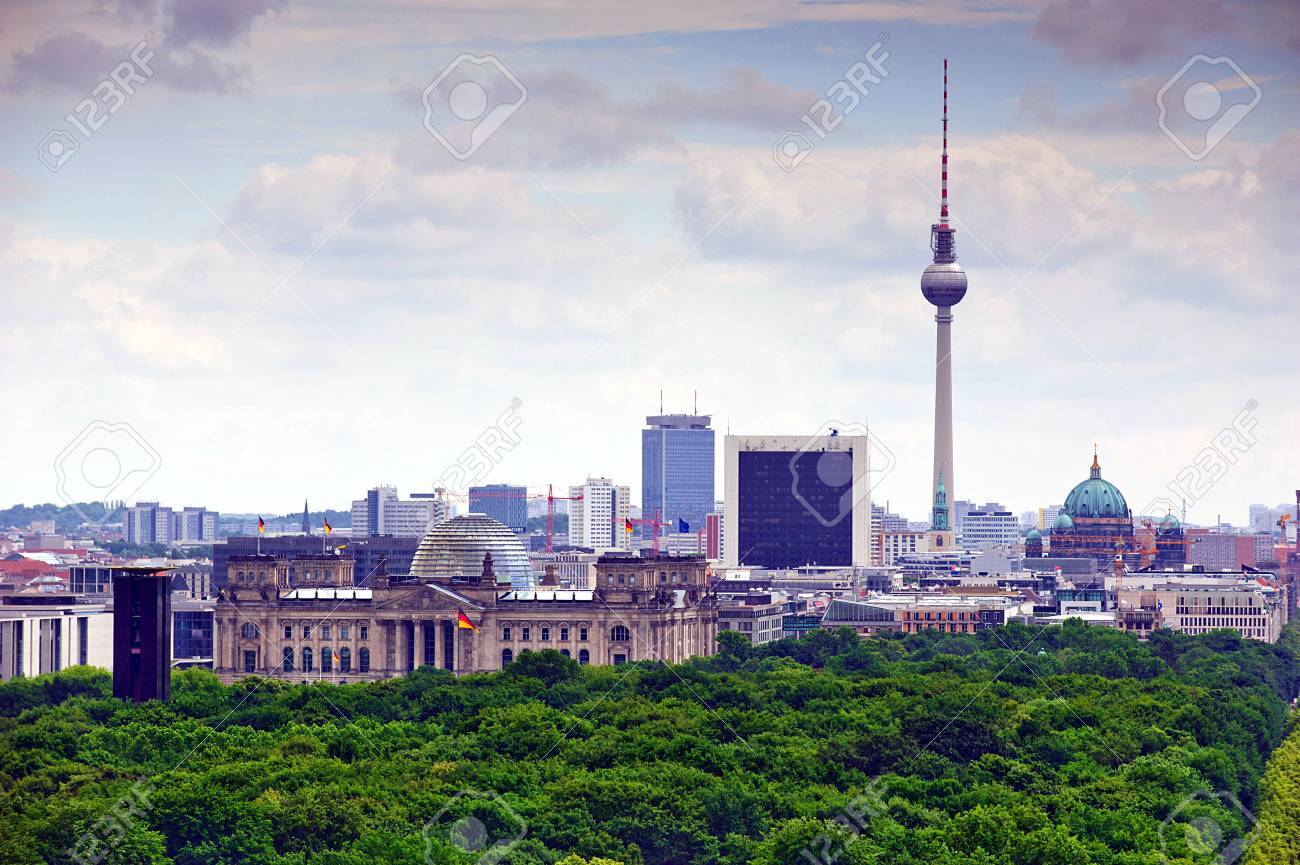 view of Berlin and landmarks: tv tower, cathedral dome, Tiergarten and reichstag - 42088026 view of Berlin and landmarks: tv tower, cathedral dome, Tiergarten and reichstag - 42088026