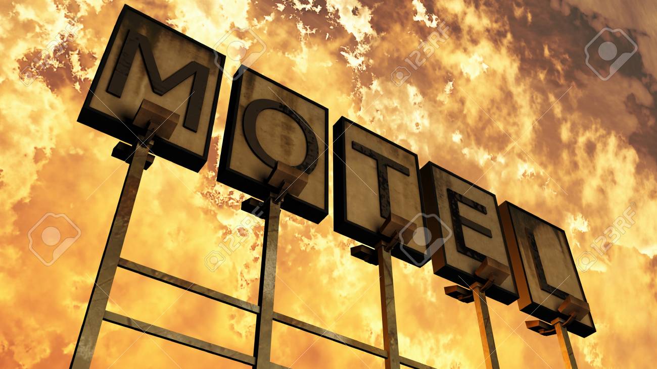 素晴らしいサンセット 3 D イラストの古い汚れたモーテルの看板のクローズ アップ の写真素材 画像素材 Image 5914