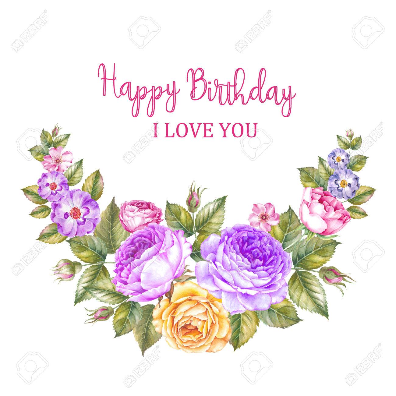 Texte à La Main Joyeux Anniversaire Sur Guirlande Florale Aquarelle Fleurs Pour Votre Carte Dinvitation Avec Le Texte Je Taime Illustration