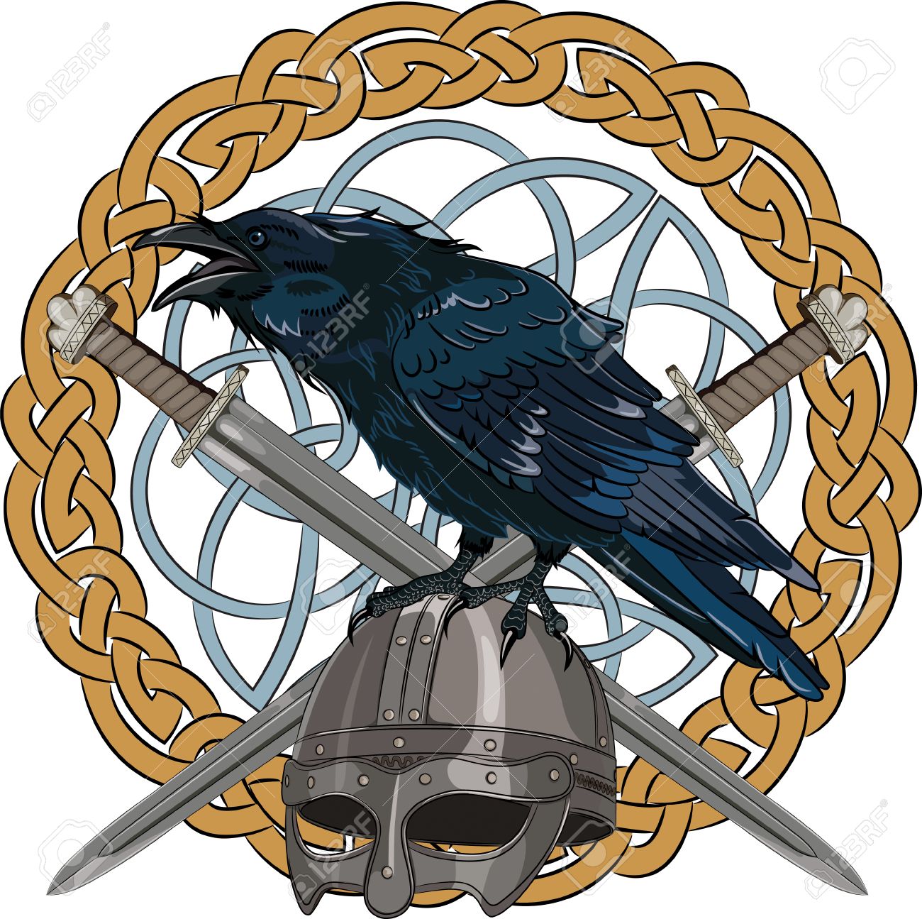 黒のカラスのスカンジナビアの背景パターンの 2 つの交差した剣のバイキングのヘルメットの上に座って ベクトル イラスト Eps 10 のイラスト素材 ベクタ Image