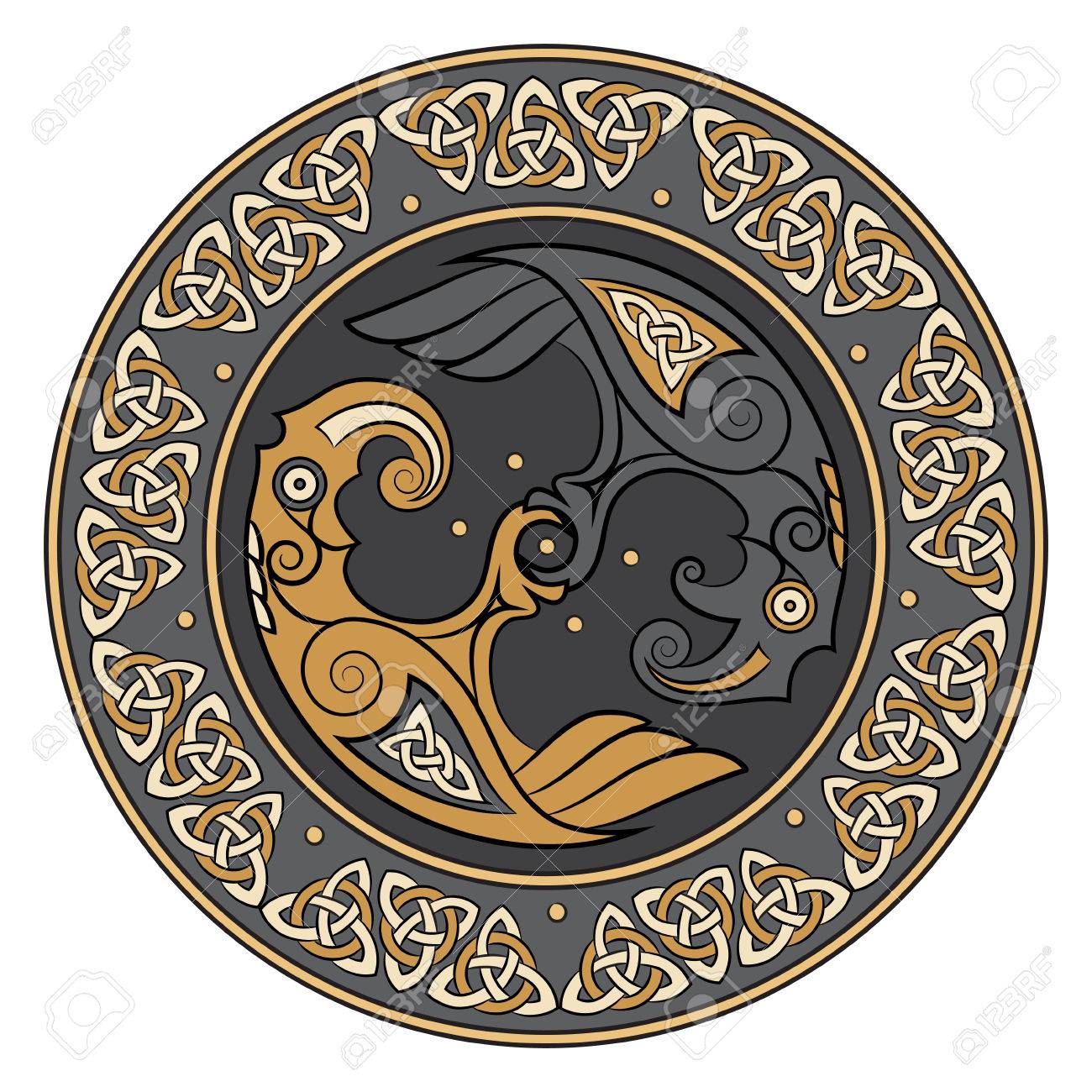 Viking Shield, Decorated With A Scandinavian Pattern And Ravens Of God Odin.  Huginn And Muninn, Isolated On White, Vector Illustration Royalty Free SVG,  Cliparts, Vectors, and Stock Illustration. Image 75336854., image size:1300x1300