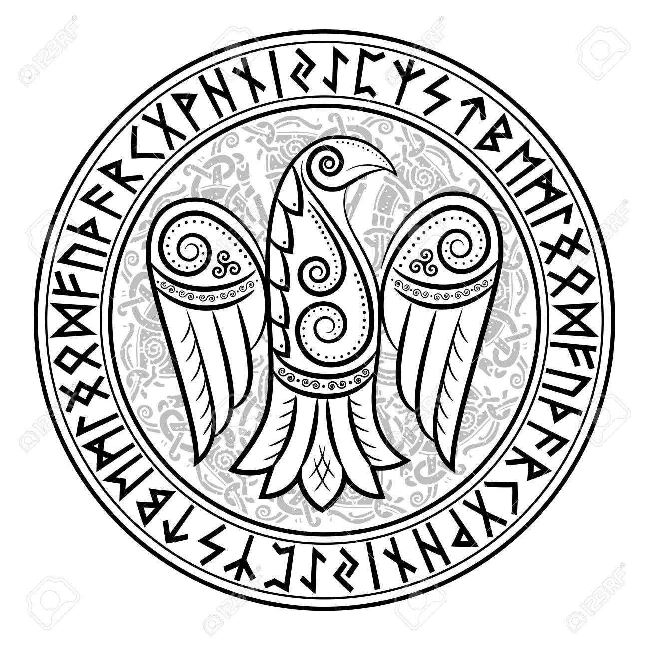 ケルト 北欧スタイルと北欧ルーン文字 白 ベクトル図で隔離でレイヴンのデザインのイラスト素材 ベクタ Image ケルト 北欧スタイルと北欧ルーン文字 白 ベクトル図で隔離でレイヴンのデザインのイラスト素材 ベクタ Image