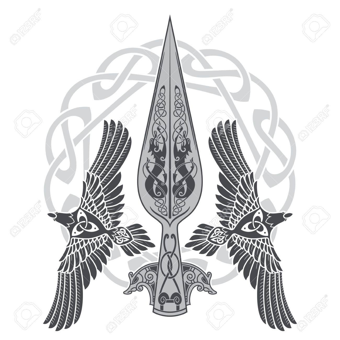神オーディン グングニルの槍 2 つのレイブンズ 白地では 分離されたスカンジナビアのパターン ベクトル イラスト のイラスト素材 ベクタ Image