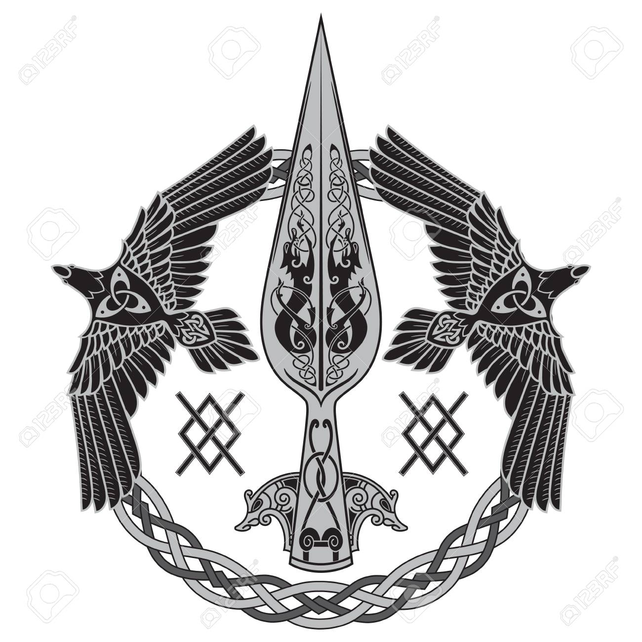 神オーディン グングニルの槍 2 つのワタリガラスと北欧のパターン のイラスト素材 ベクタ Image