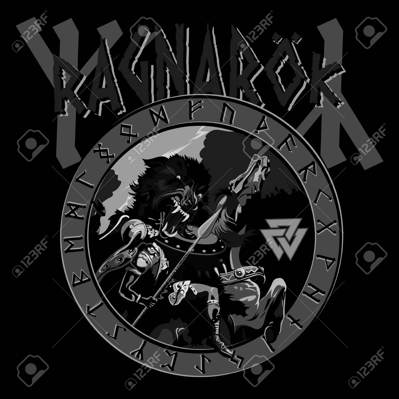 Ragnarok - Battle Of The God Odin With The Wolf Fenrir. Illustration Of  Norse Mythology Royalty Free SVG, Cliparts, Vectors, and Stock  Illustration. Image 90665767., image size:1300x1300