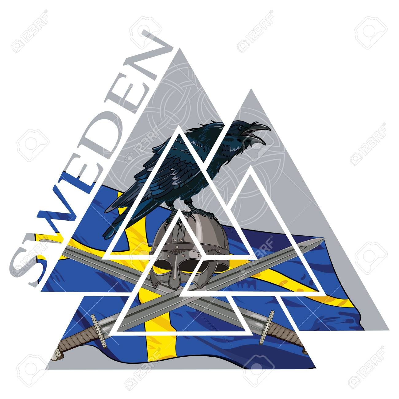ヴァルクナット古代異教北欧ゲルマンのシンボル スウェーデンの旗 レイヴンとバイキングの武器 白に隔離され クリッピングマスク ベクトルイラストが含まれていますのイラスト素材 ベクタ Image