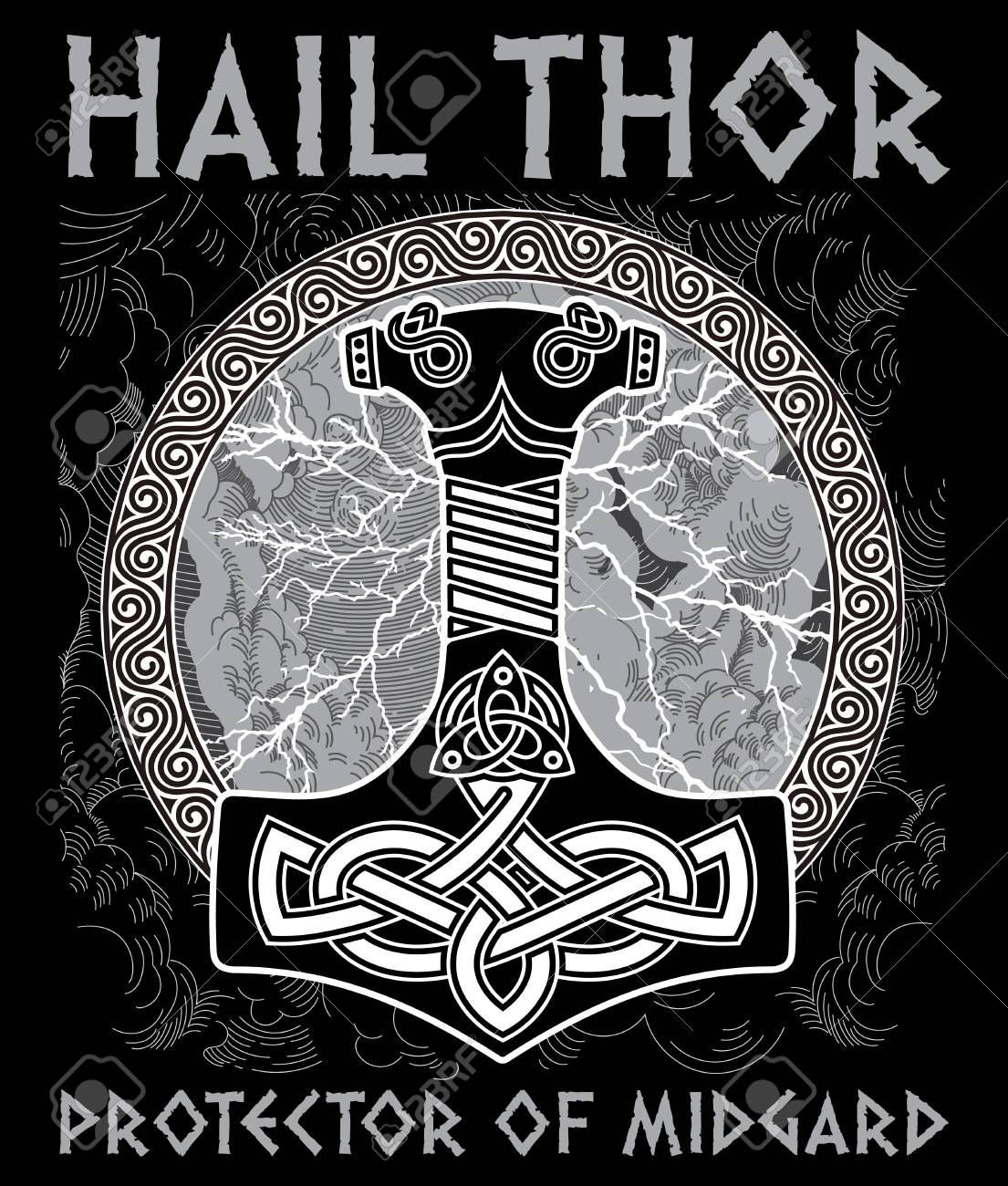 Thor S 망치 - Mjollnir. 빛나는 번개와 스칸디나비아 장식을 배경으로 로열티 무료 사진, 그림, 이미지 그리고  스톡포토그래피. Image 94237873