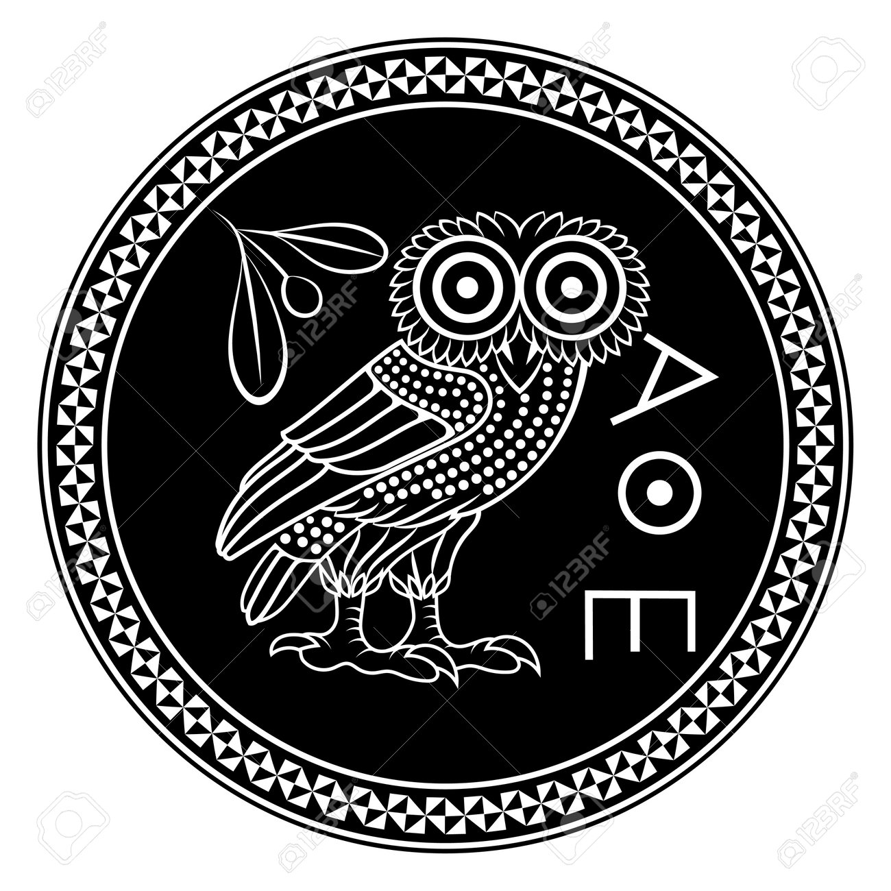 アテネのギリシャの古代コイン、ビンテージイラスト。フクロウとオリーブの木の枝の古い刻まれたイラストのイラスト素材・ベクター Image  186065080