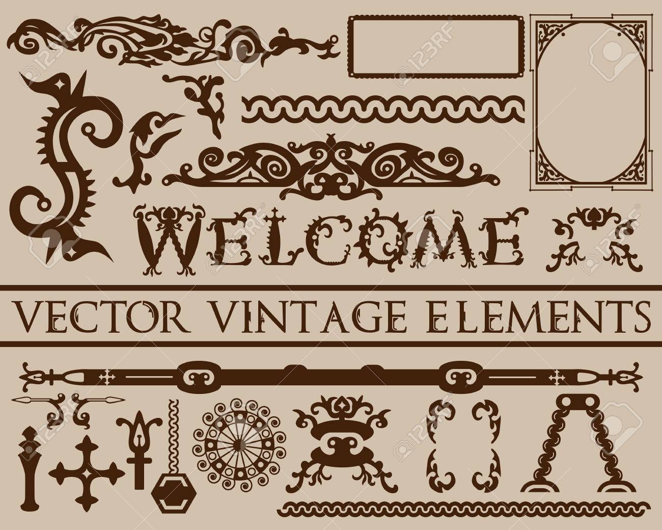 ベージュ色の背景にハロウィーン ゴシックで茶色のヴィンテージの要素の詳細 フォント フレーム まんじ 装飾品 部品等 カードに使用できます ポスター 背景 メニュー デザイン ベクトル図のイラスト素材 ベクタ Image