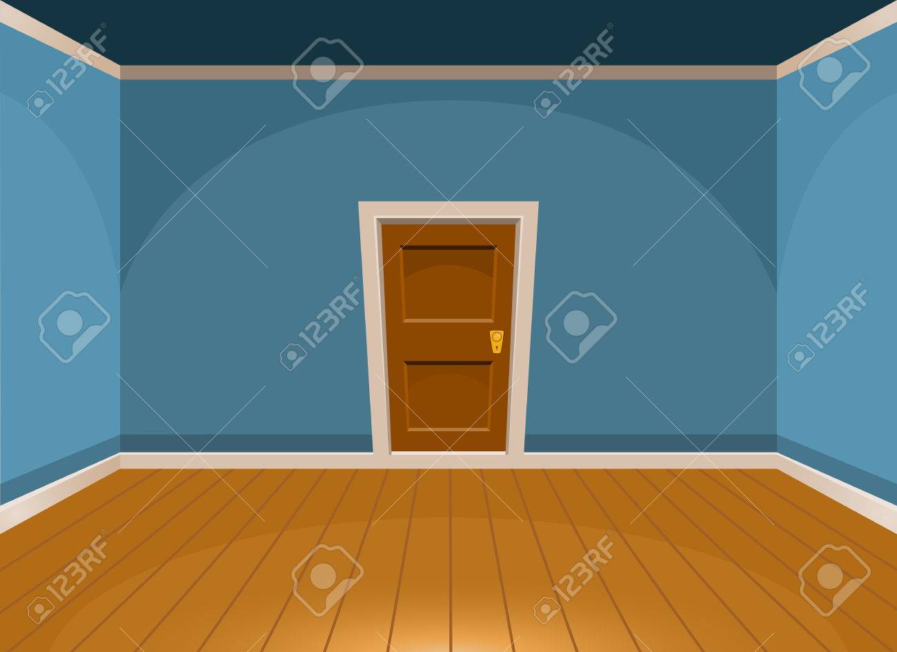 ブルー スタイルのドアとフラット空の部屋を漫画します ベクトル図のイラスト素材 ベクタ Image