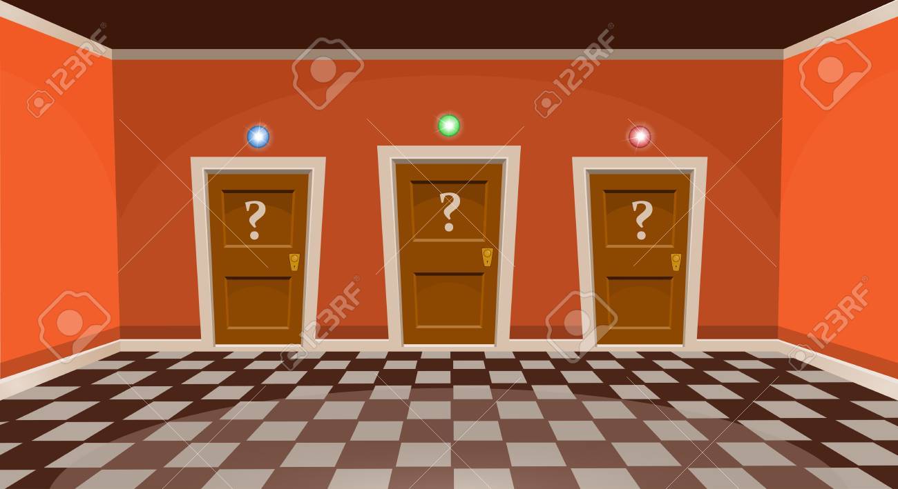 漫画 ドアを選ぶ コンセプト オレンジ スタイルで 3 ドアと空の部屋 ベクトル図のイラスト素材 ベクタ Image