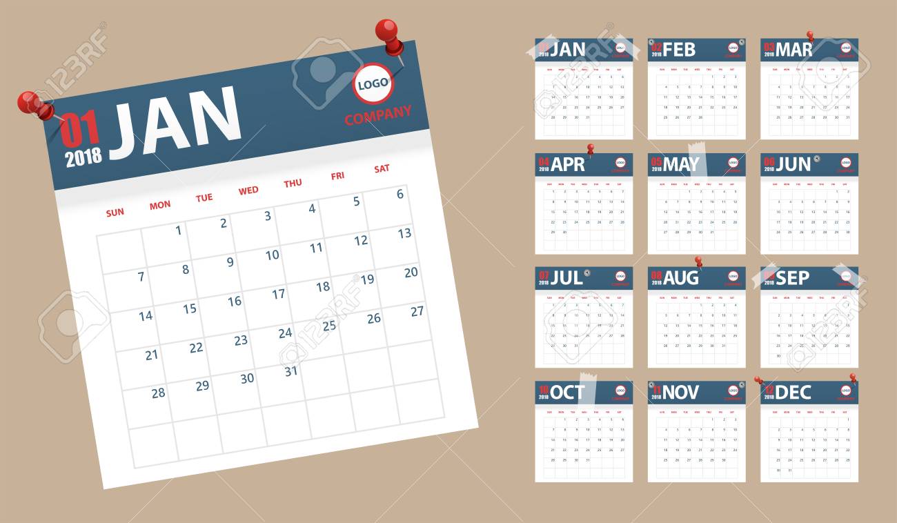 2018 calendar in paper stickers with pins and scotch style blue