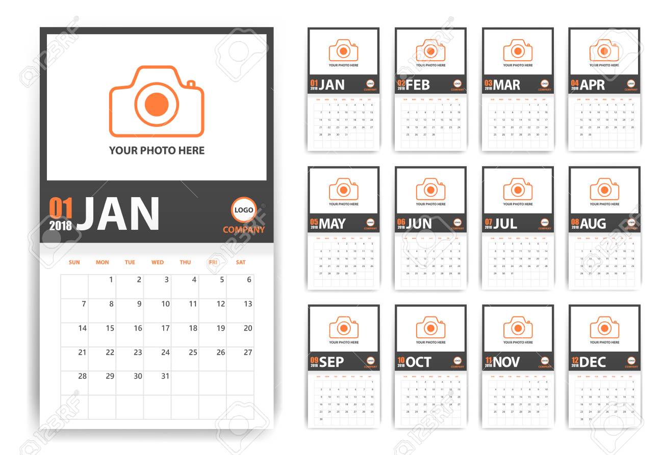 2018 photo calendar with shadow style grey and orange event
