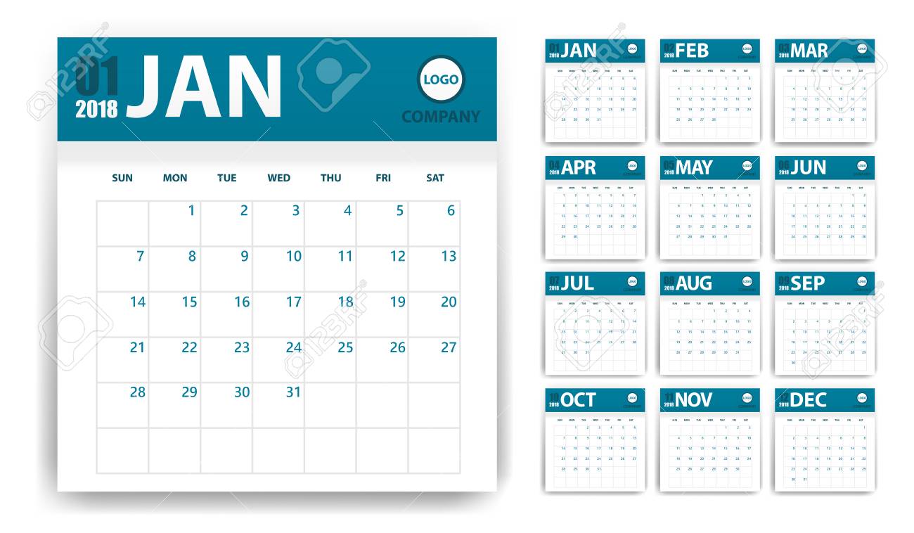2018 calendar in paper stickers with shadow style blue and white